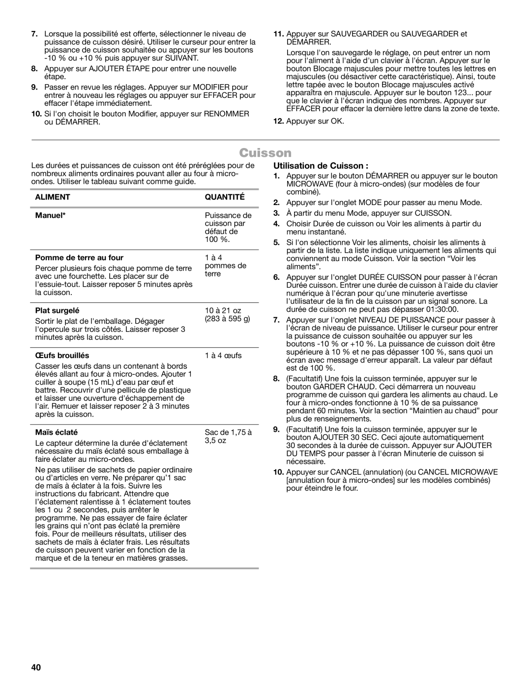 Jenn-Air JMW3430 manual Utilisation de Cuisson, Aliment Quantité 