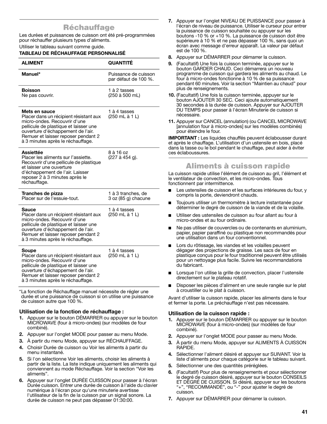 Jenn-Air JMW3430 manual Réchauffage, Aliments à cuisson rapide, Utilisation de la fonction de réchauffage 