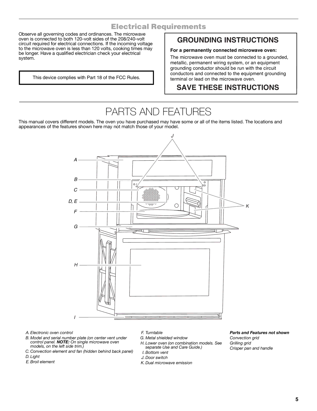 Jenn-Air JMW3430 manual Parts and Features, Electrical Requirements 