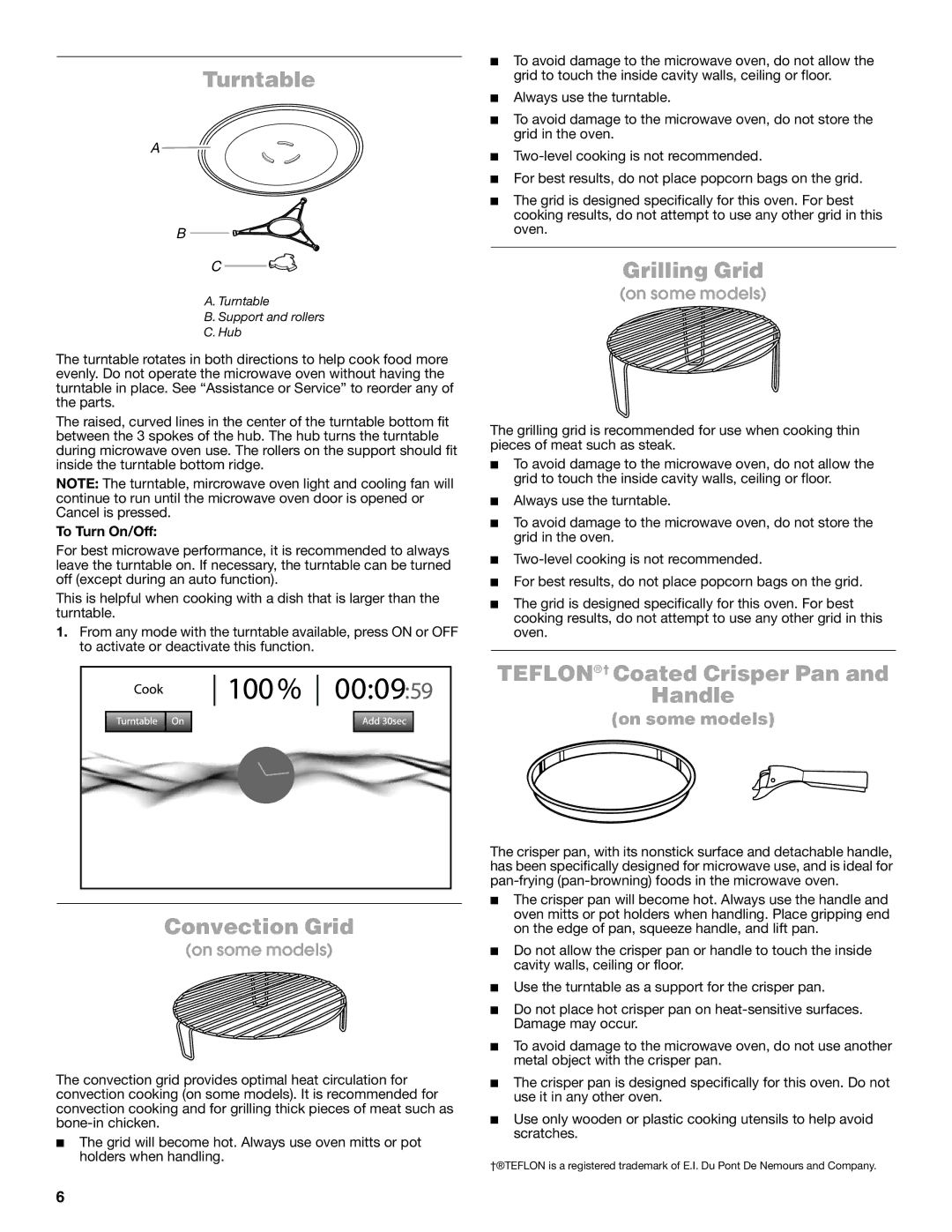 Jenn-Air JMW3430 manual Turntable, Convection Grid, Grilling Grid, TEFLON† Coated Crisper Pan Handle, To Turn On/Off 