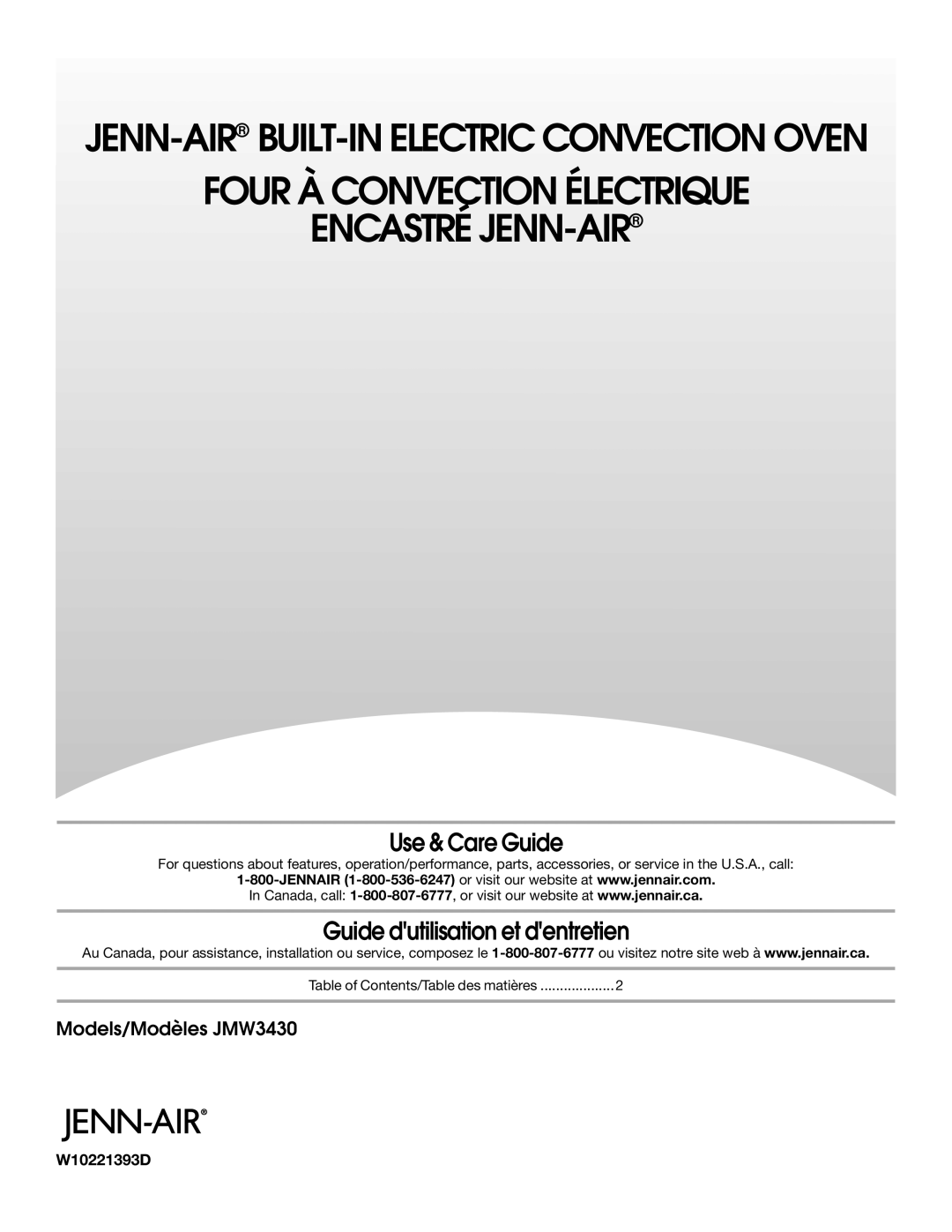 Jenn-Air JMW3430 manual Four À Convection Électrique Encastré JENN-AIR, W10221393D 