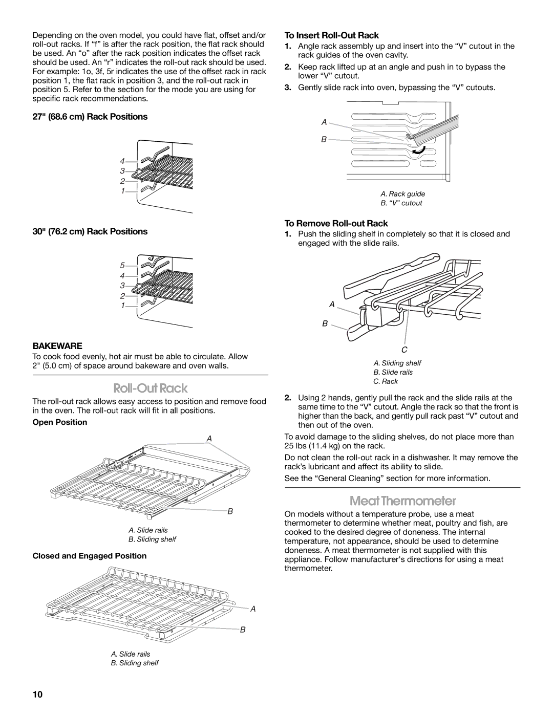 Jenn-Air JMW3430 manual Roll-Out Rack, Meat Thermometer, 27 68.6 cm Rack Positions 30 76.2 cm Rack Positions 