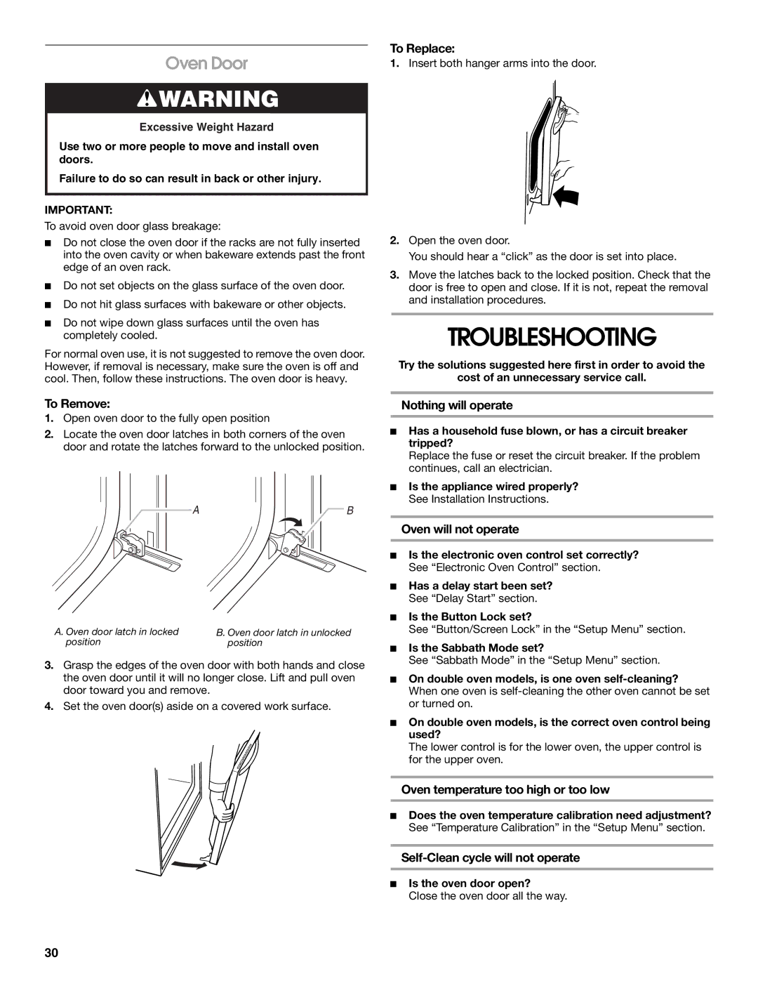 Jenn-Air JMW3430 manual Troubleshooting, Oven Door 