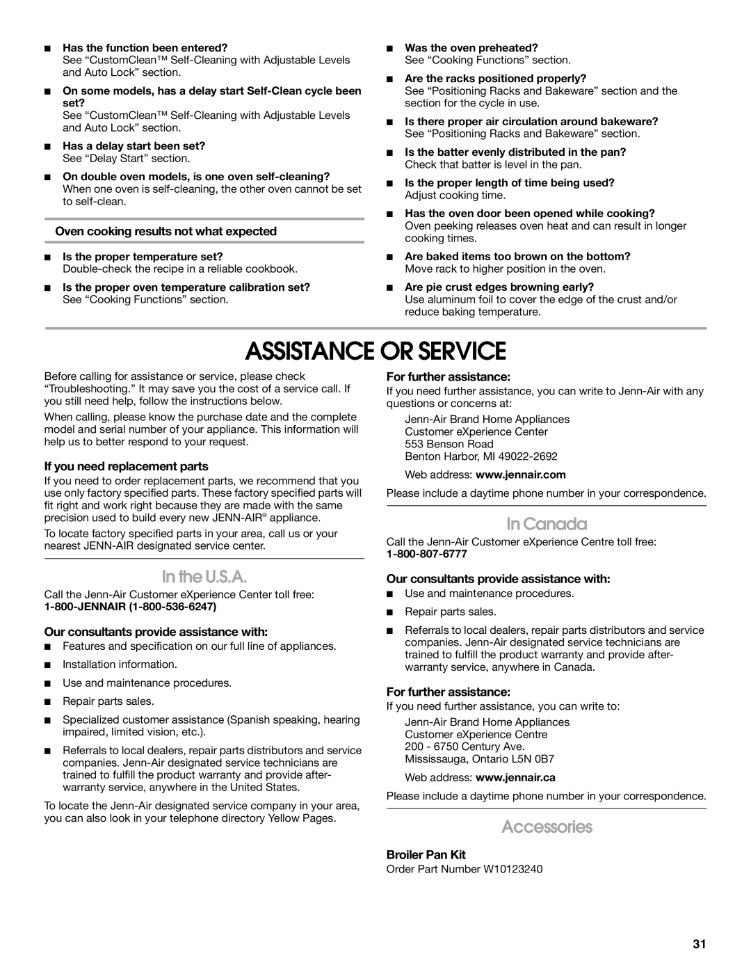 Jenn-Air JMW3430 manual Assistance or Service, U.S.A, Canada, Accessories 