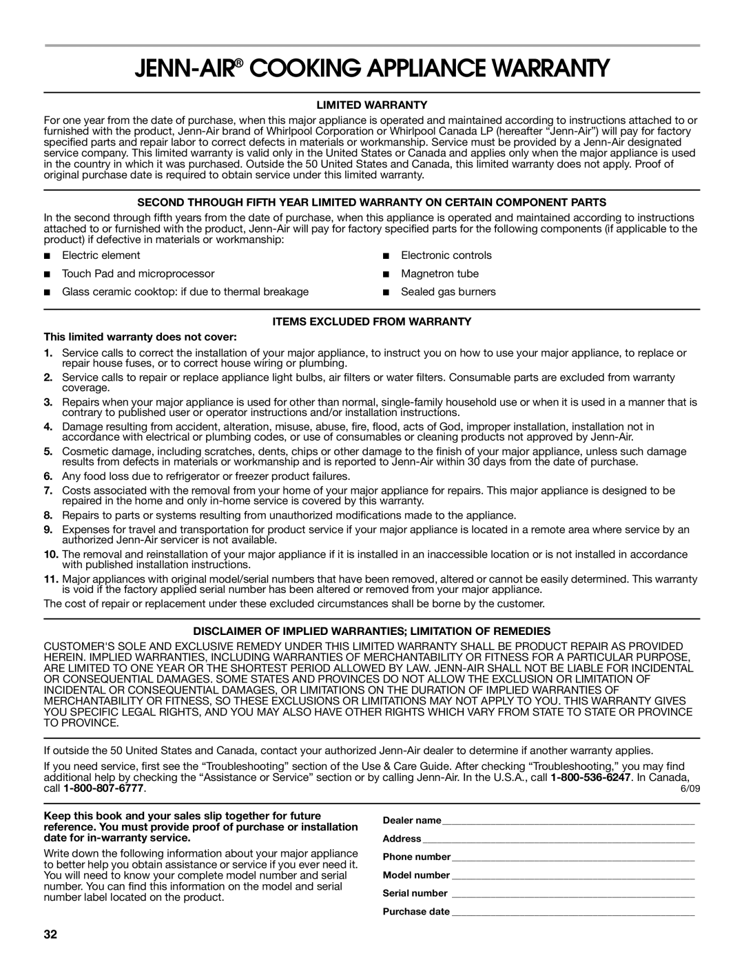 Jenn-Air JMW3430 manual JENN-AIRCOOKING Appliance Warranty, This limited warranty does not cover 