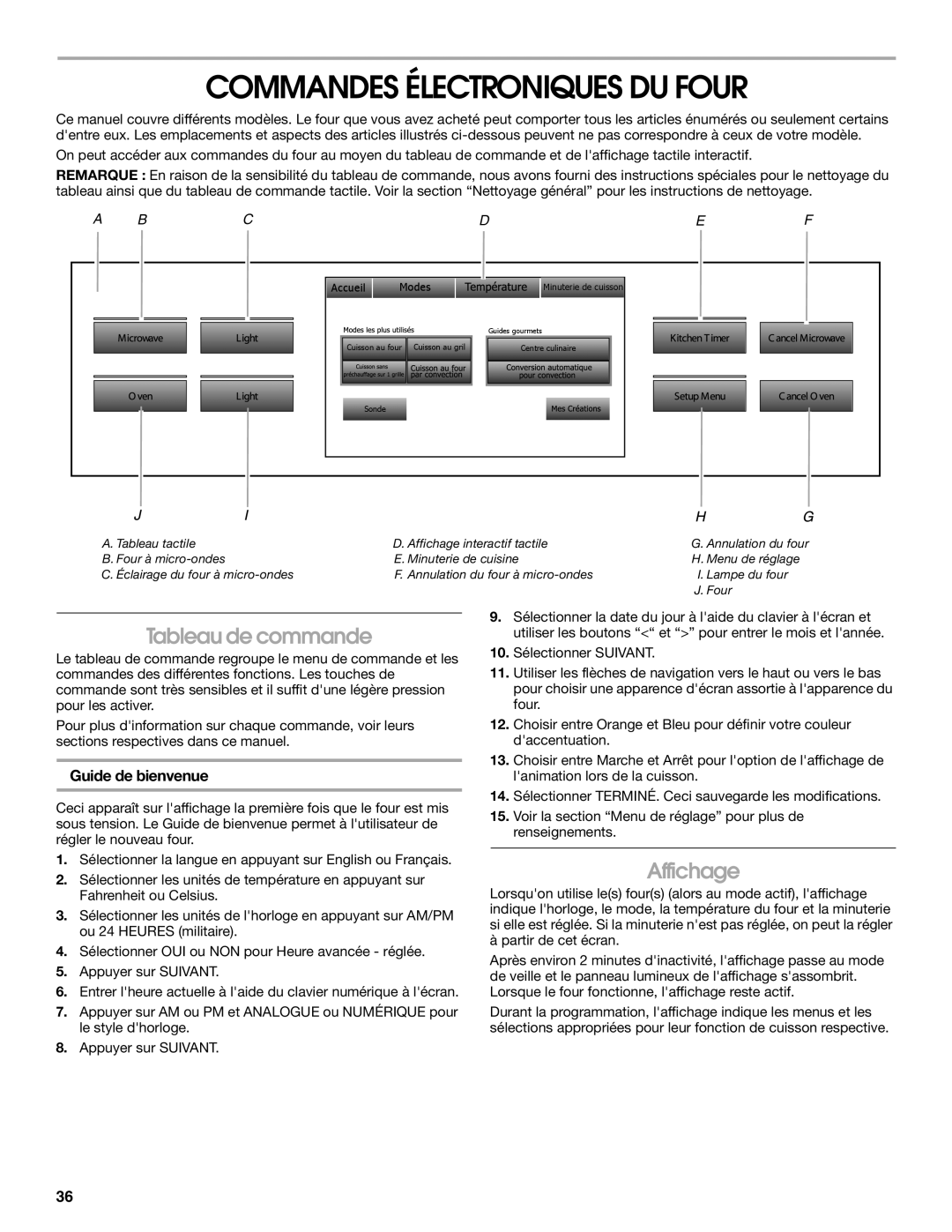Jenn-Air JMW3430 manual Commandes Électroniques DU Four, Tableau de commande, Affichage, Guide de bienvenue 