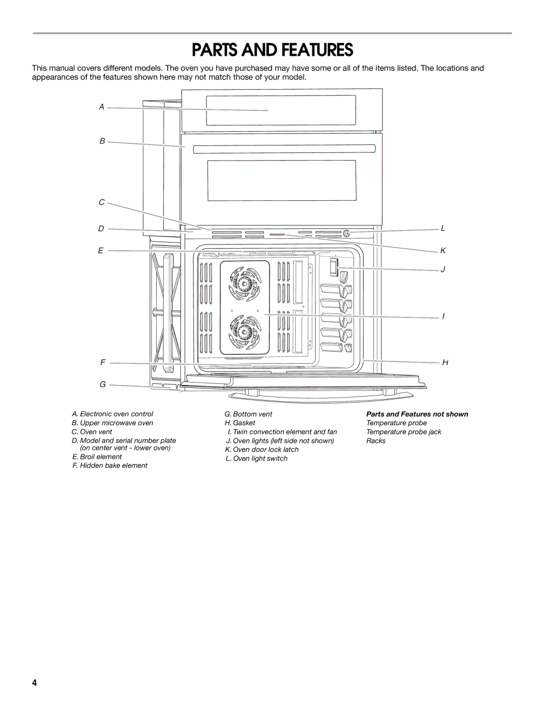 Jenn-Air JMW3430 manual Parts and Features 