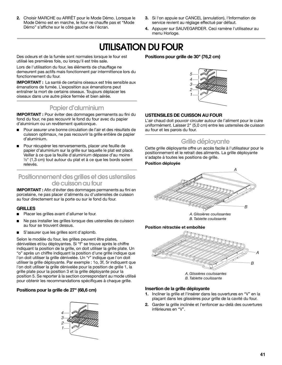 Jenn-Air JMW3430 manual Utilisation DU Four, Papier d’aluminium, De cuisson au four, Grille déployante 