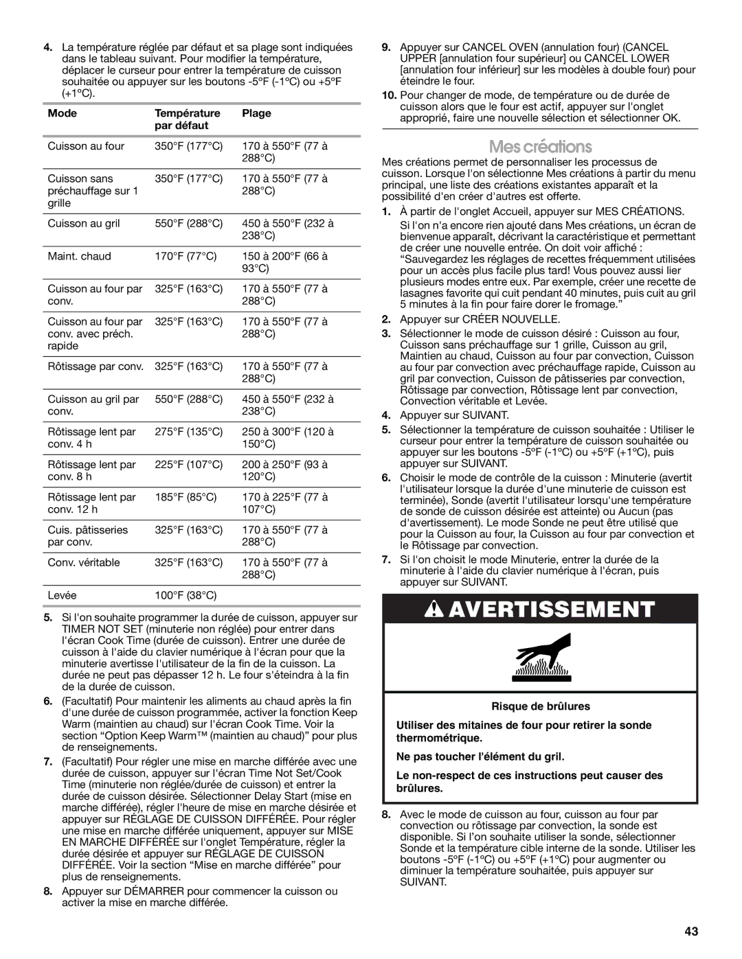 Jenn-Air JMW3430 manual Mes créations, Mode Température Plage Par défaut 