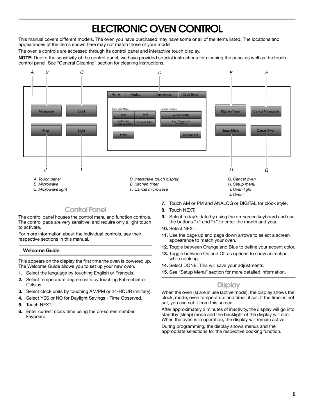 Jenn-Air JMW3430 manual Electronic Oven Control, Control Panel, Display, Welcome Guide 