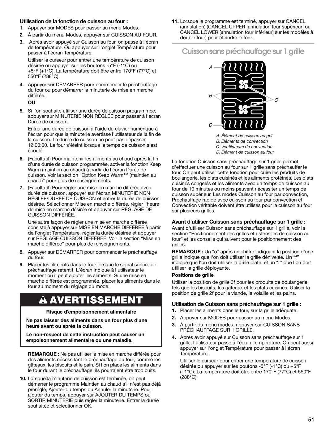 Jenn-Air JMW3430 manual Cuisson sans préchauffage sur 1 grille, Utilisation de la fonction de cuisson au four 