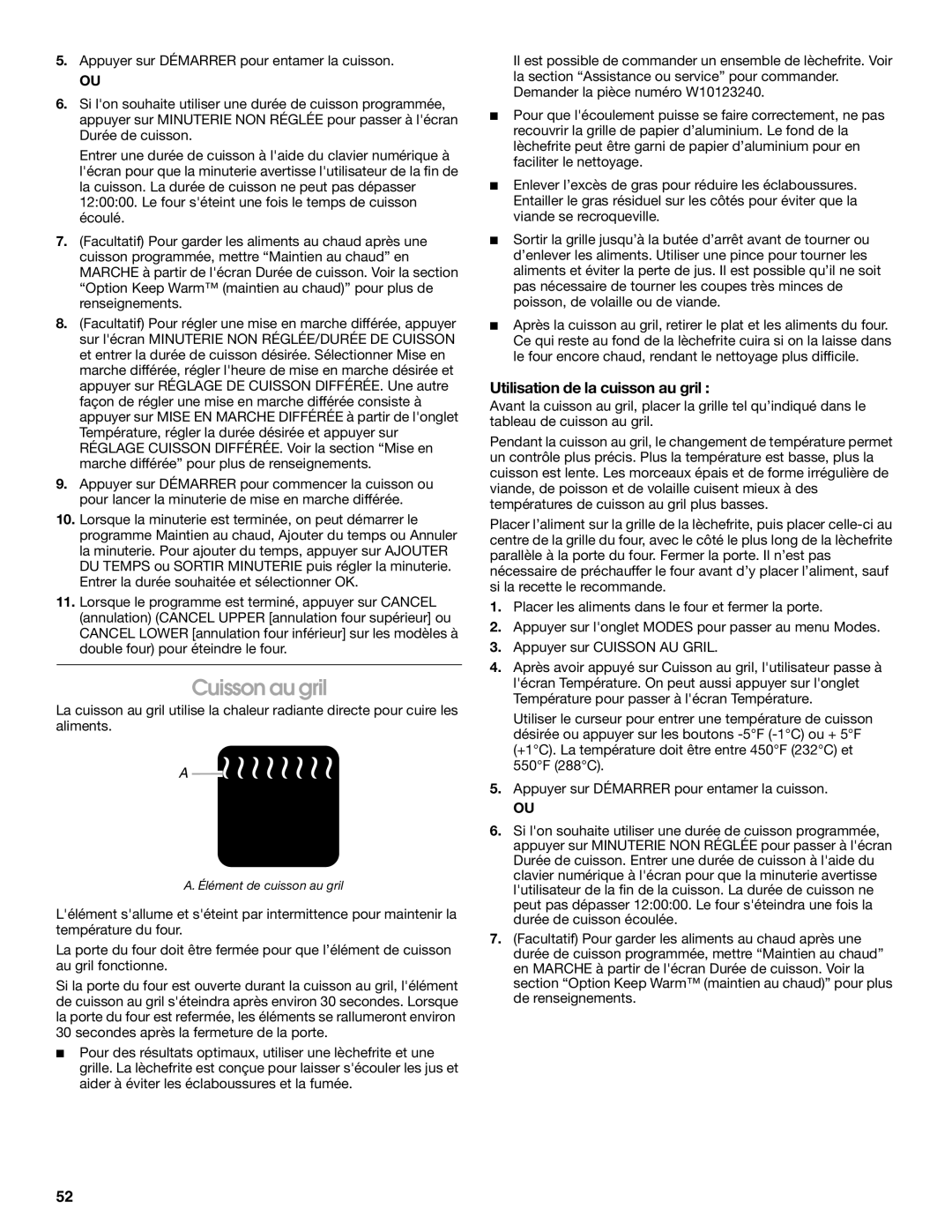 Jenn-Air JMW3430 manual Cuisson au gril, Utilisation de la cuisson au gril 