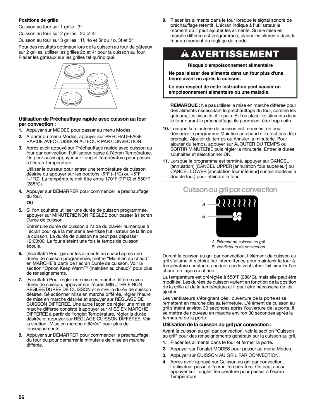 Jenn-Air JMW3430 manual Cuisson au gril par convection, Utilisation de la cuisson au gril par convection 