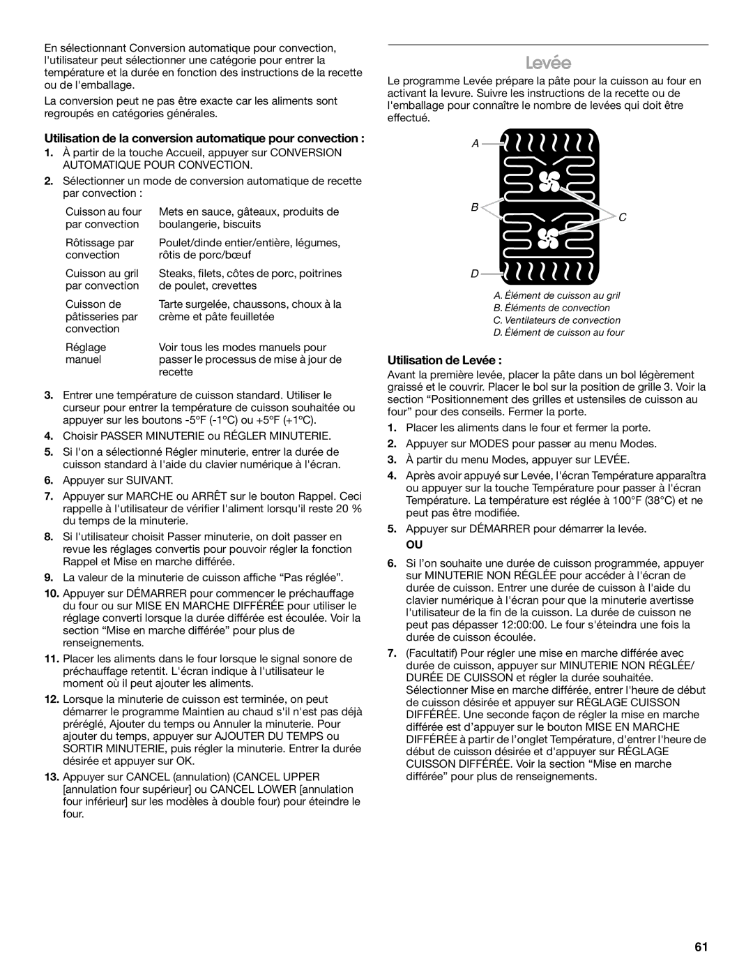 Jenn-Air JMW3430 manual Utilisation de la conversion automatique pour convection, Utilisation de Levée 