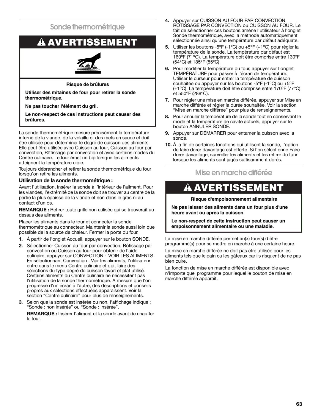 Jenn-Air JMW3430 manual Sonde thermométrique, Mise en marche différée, Utilisation de la sonde thermométrique 