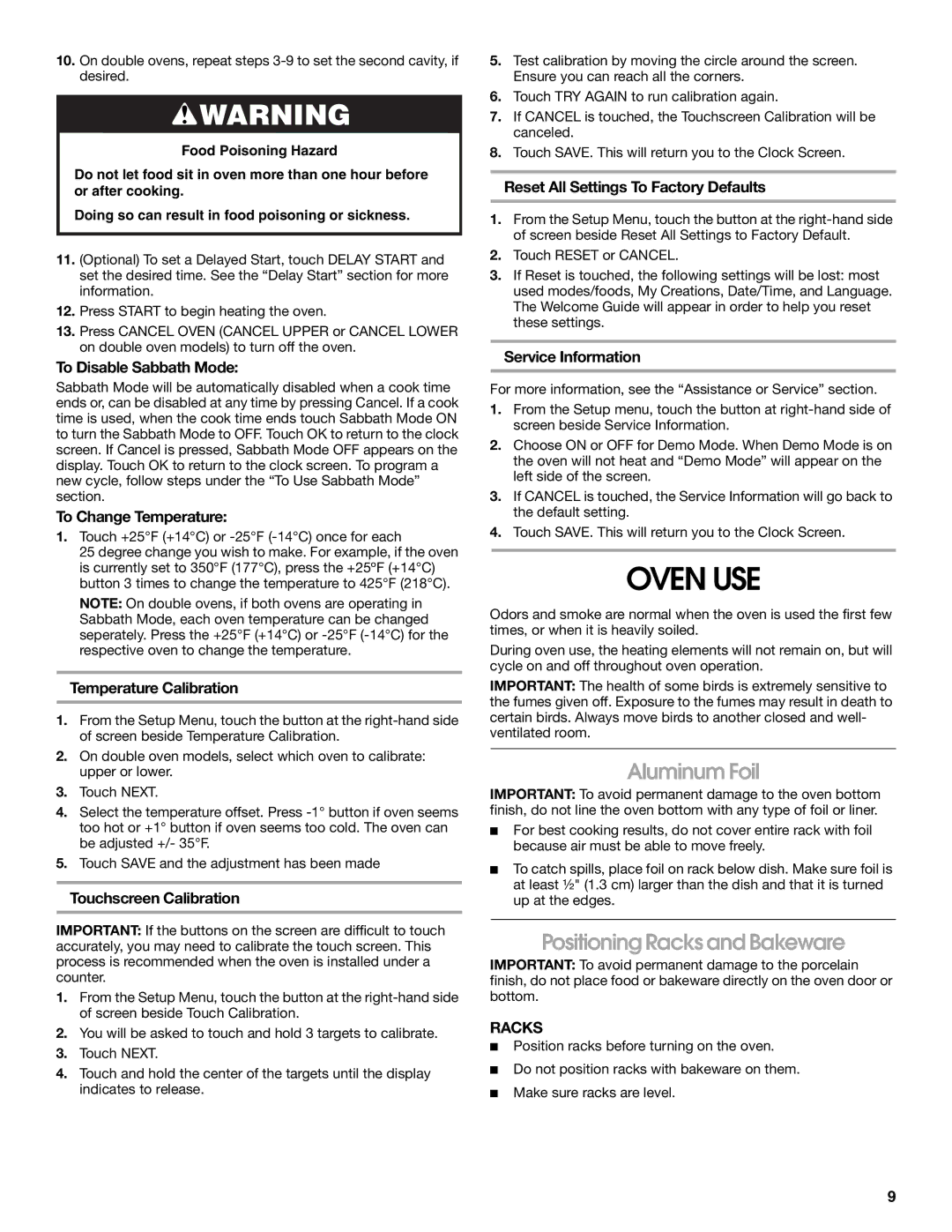 Jenn-Air JMW3430 manual Oven USE, Aluminum Foil, Positioning Racks and Bakeware 