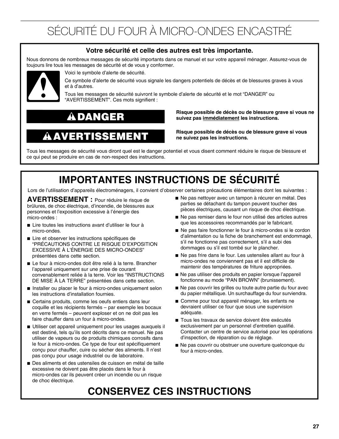 Jenn-Air JMW3430 manual Sécurité Du Four À Micro-Ondes Encastré, Danger Avertissement, Importantes Instructions De Sécurité 
