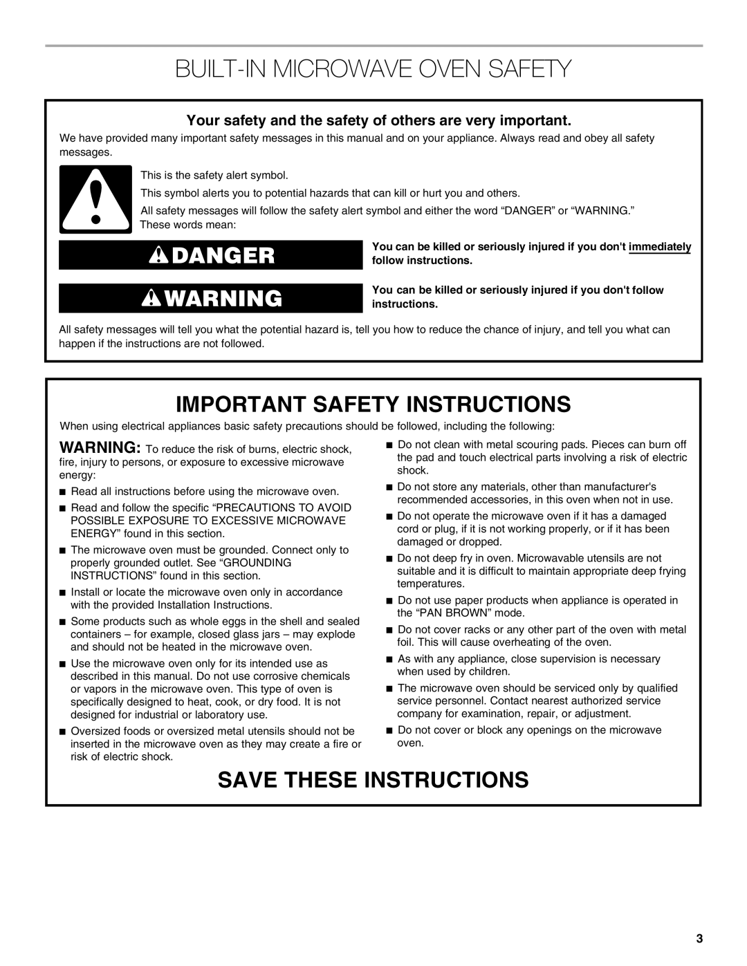 Jenn-Air JMW3430 manual Built-In Microwave Oven Safety, Danger, Important Safety Instructions, Save These Instructions 