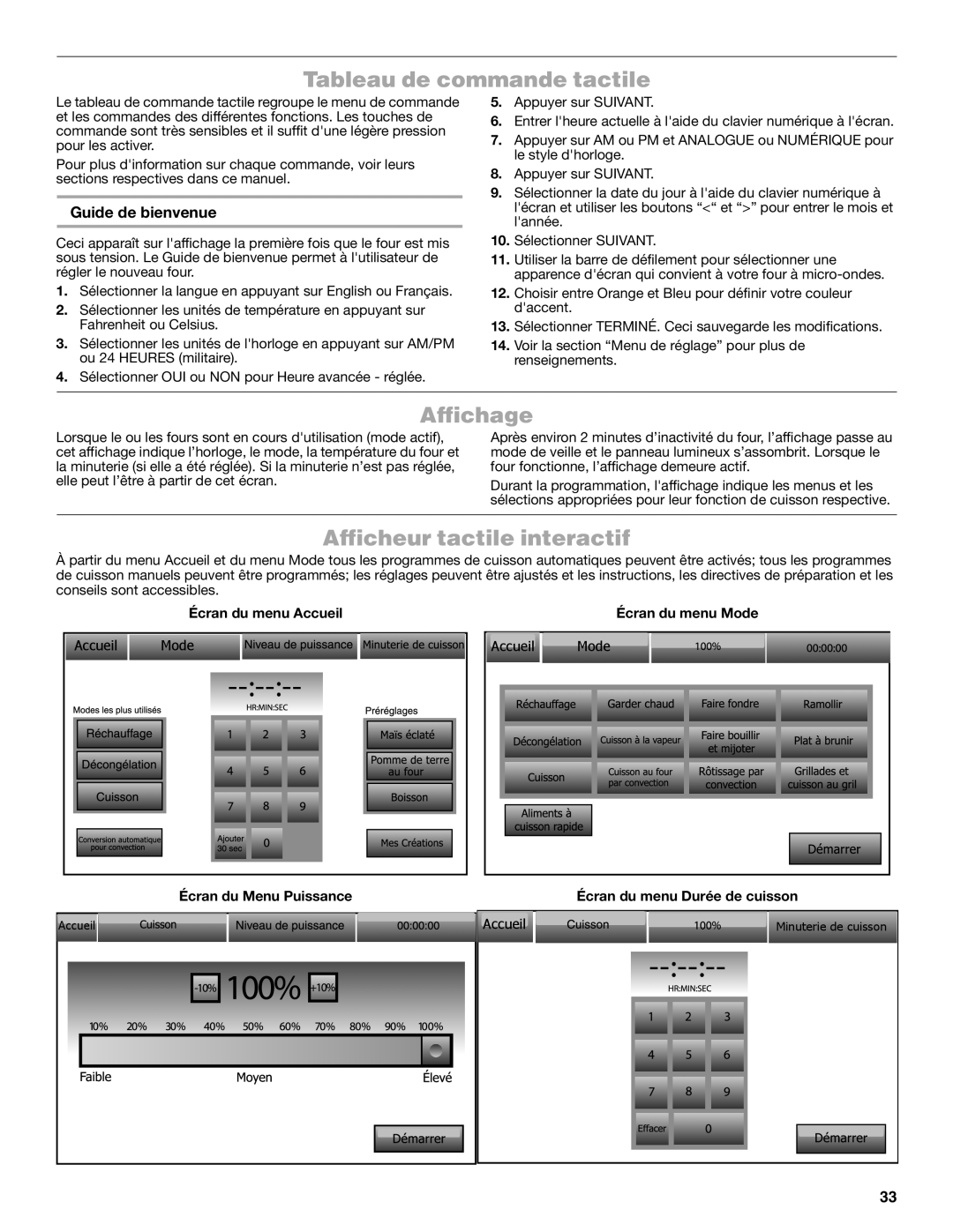Jenn-Air JMW3430 manual Tableau de commande tactile, Affichage, Afficheur tactile interactif, Guide de bienvenue 