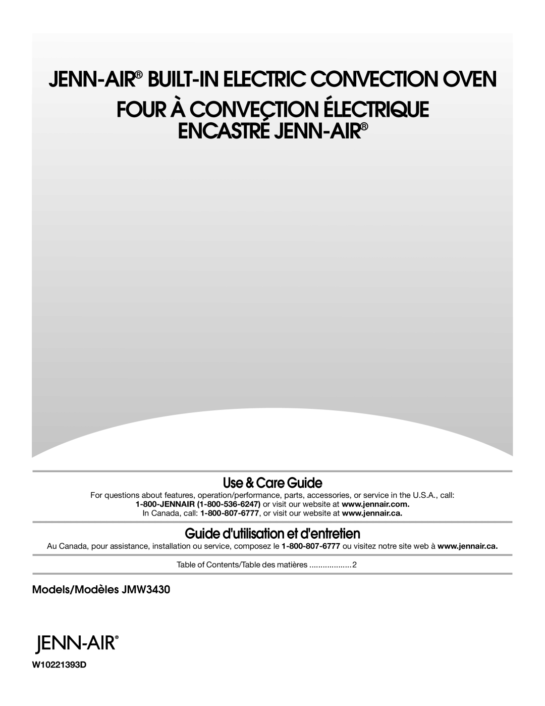 Jenn-Air manual Use & Care Guide, Guide dutilisation et dentretien, W10233422C, Models/Modèles JMW3430 