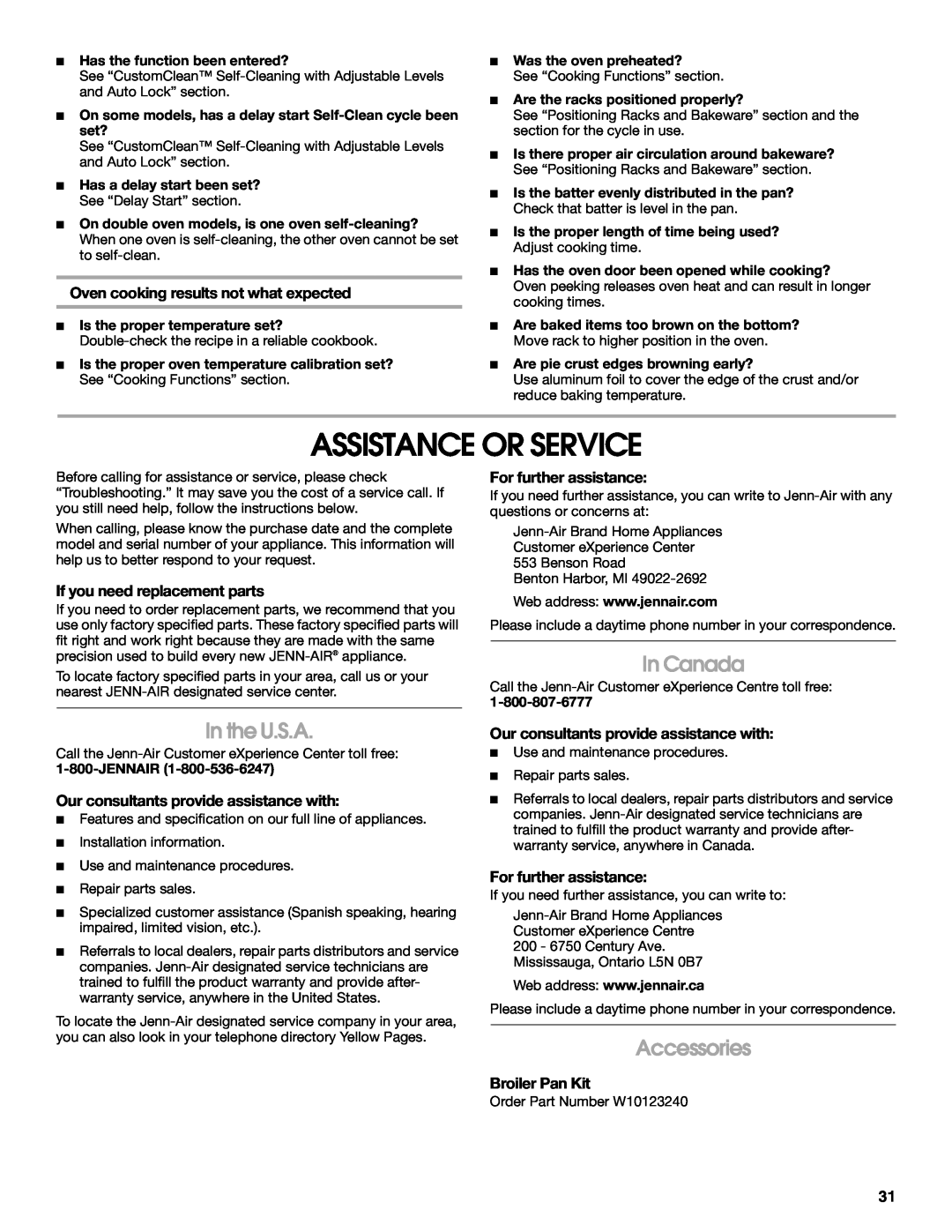 Jenn-Air JMW3430 manual Assistance Or Service, In the U.S.A, In Canada, Accessories, Oven cooking results not what expected 