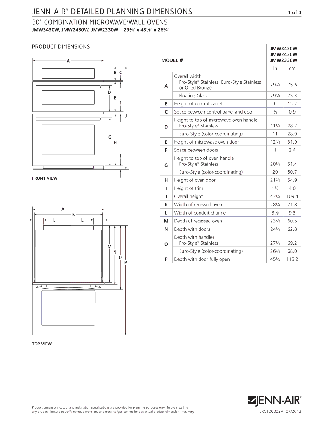 Jenn-Air JMW2430W dimensions JENN-AIRDETAILED Planning Dimensions, Combination microwave/wall ovens, Product Dimensions 