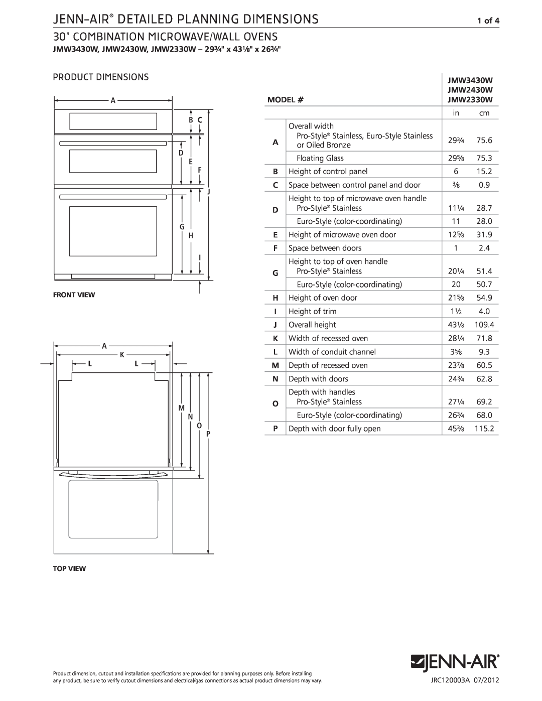 Jenn-Air JMW2430W dimensions Jenn-Air Detailed Planning Dimensions, combination microwave/wall ovens, Product Dimensions 