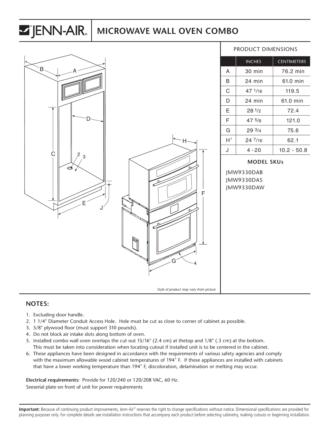 Jenn-Air dimensions Microwave Wall Oven Combo, Product Dimensions, Model SKUs, JMW9330DAB JMW9330DAS JMW9330DAW 