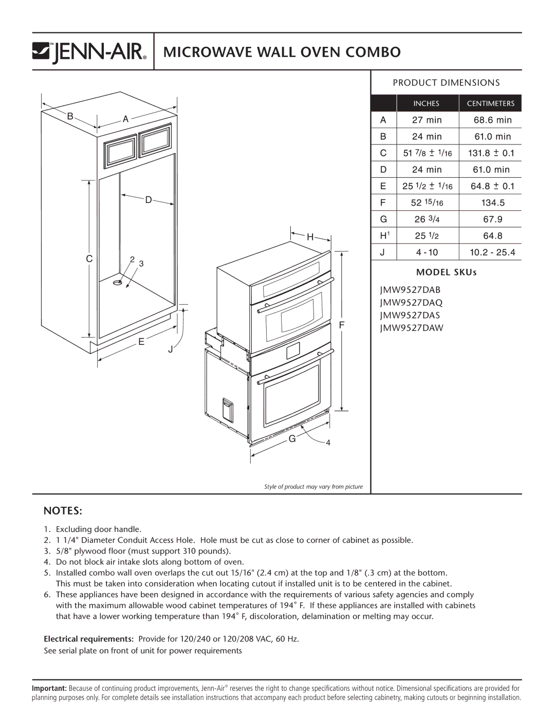 Jenn-Air JMW9527DAB, JMW9527DAQ, JMW9527DAW, JMW9527DAS dimensions Microwave Wall Oven Combo, Product Dimensions, Model SKUs 