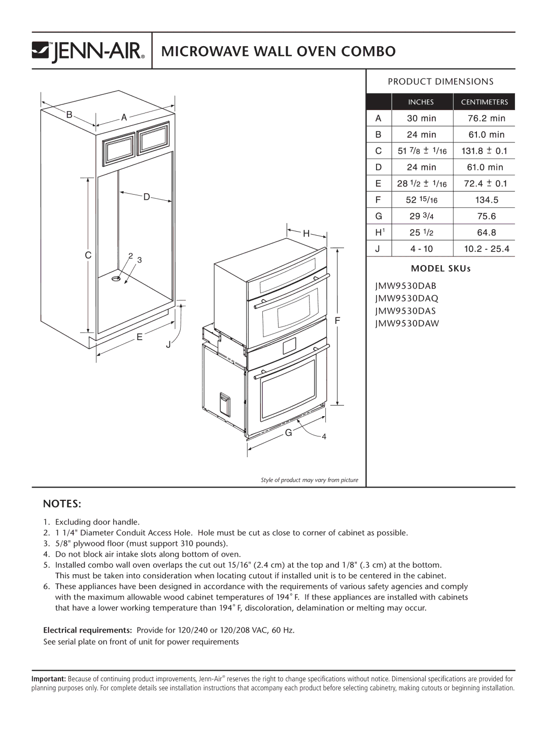 Jenn-Air JMW9530DAQ, JMW9530DAB, JMW9530DAW, JMW9530DAS dimensions Microwave Wall Oven Combo, Product Dimensions, Model SKUs 