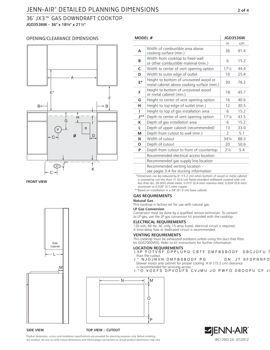 Jenn-Air JRC120012A OPENING/CLEARANCE Dimensions, GAS Requirements, Electrical Requirements, Venting Requirements 