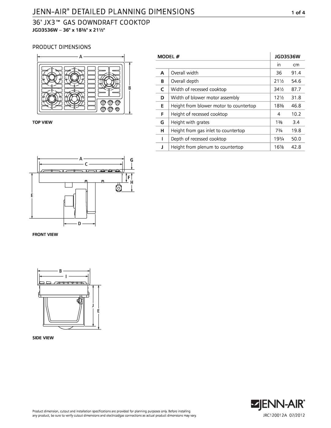 Jenn-Air JRC120012A dimensions Jenn-Air Detailed Planning Dimensions, 36 jx3 Gas Downdraft Cooktop, Product Dimensions 