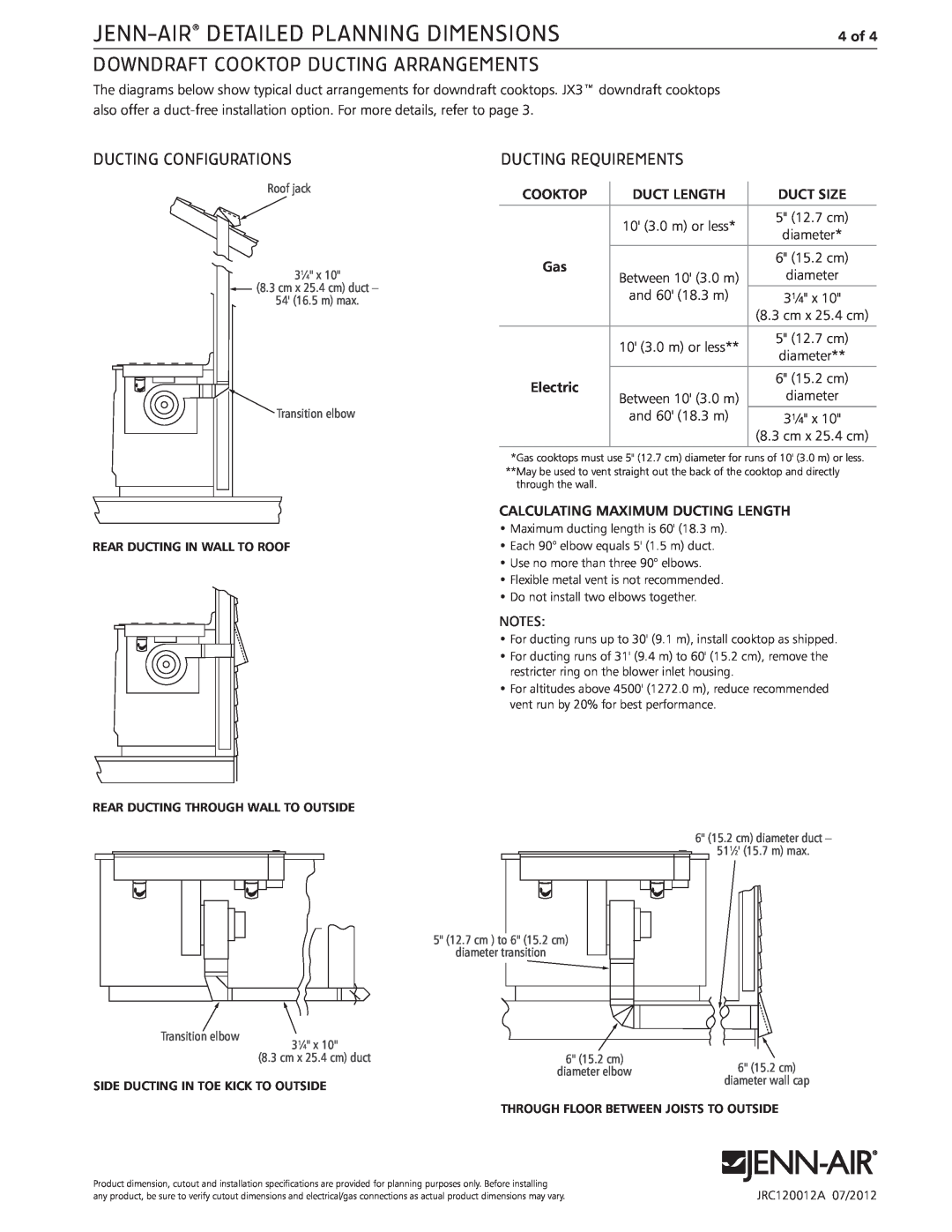 Jenn-Air JRC120012A Downdraft Cooktop Ducting Arrangements, Ducting Configurations, Ducting Requirements, Transition elbow 
