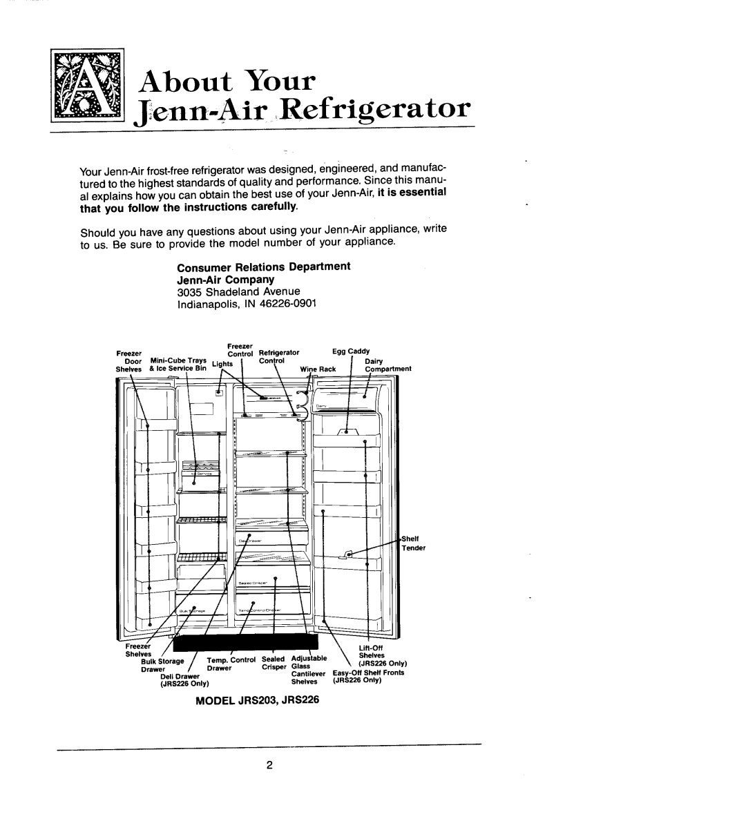 Jenn-Air JRS203, JRS226 manual About Your . enn-Alr Refrigerator, Consumer Relations Department 