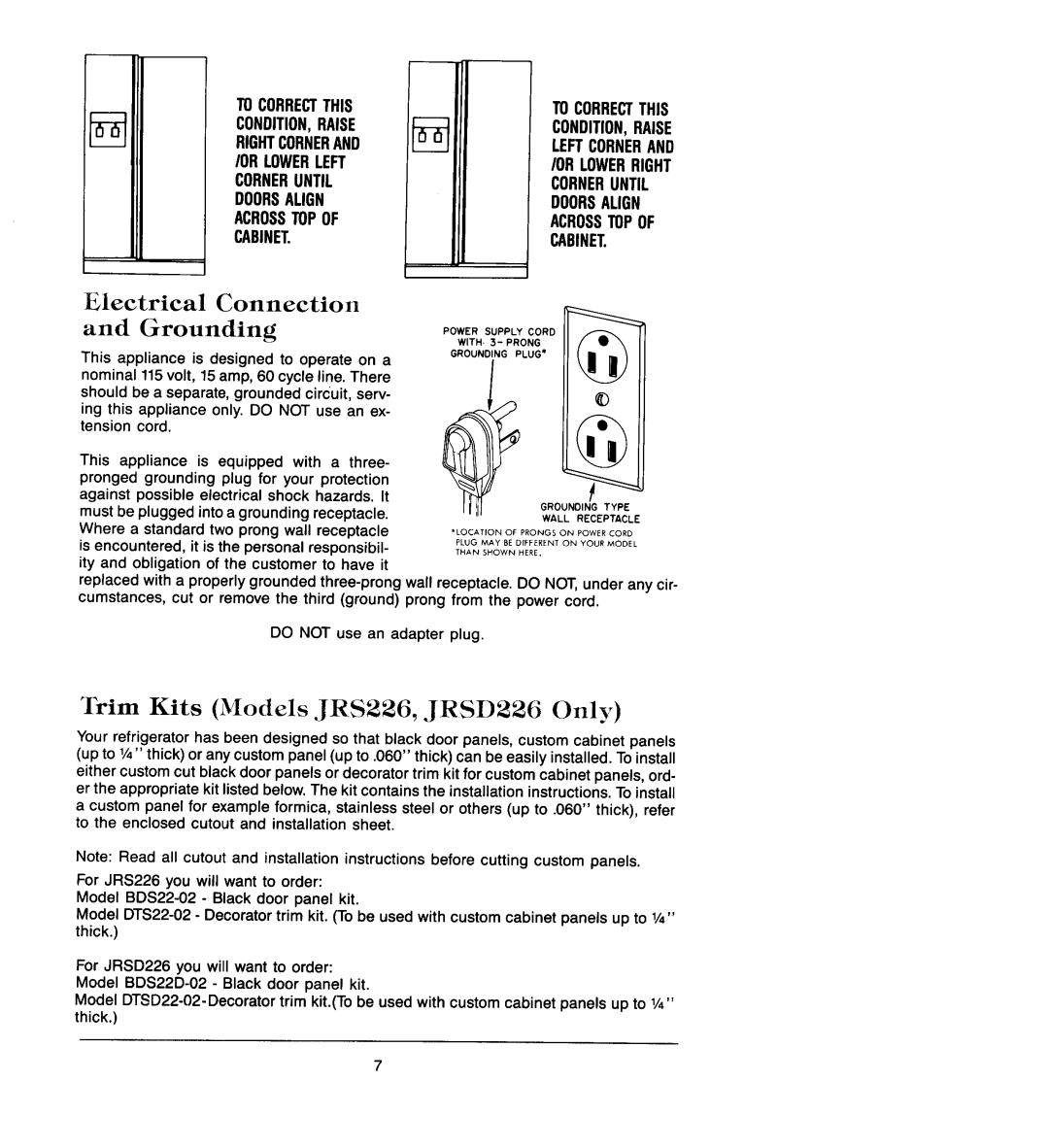 Jenn-Air JRS203 manual Electr ical Connecti on, Groundi ng, ¥im Kits Models JRS226, JRSD226 Only 