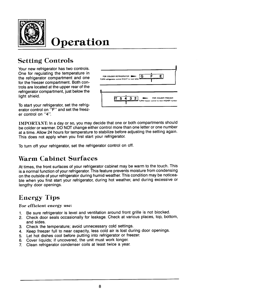 Jenn-Air JRS203, JRS226 manual Setting Controls, Warm Cabinet Surfaces, Energy Tips 