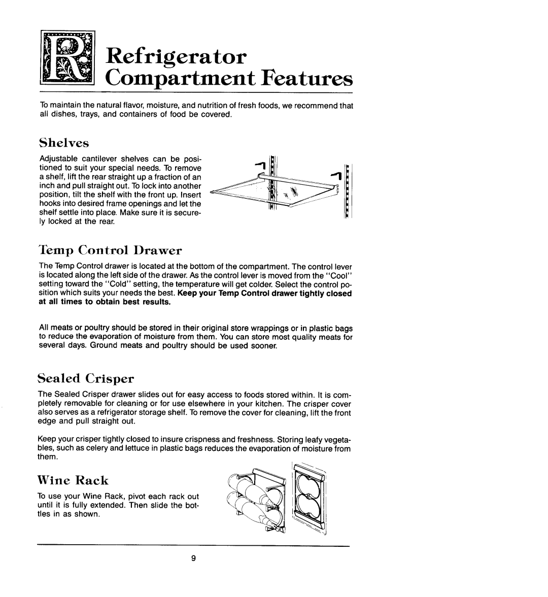 Jenn-Air JRS226, JRS203 manual Refrigerator Compartment Features, Shelves, Temp Control Drawer, Sealed Crisper 