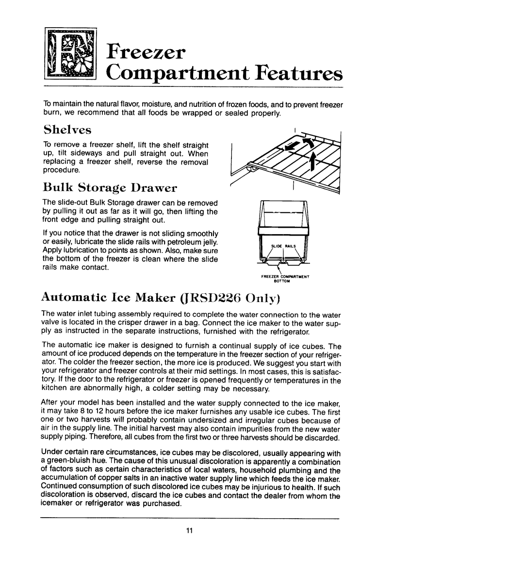 Jenn-Air JRS226, JRS203 manual Bulk Storage Drawer, Automatic Ice Maker JRSD226 Only 
