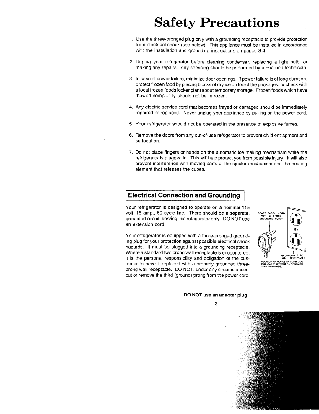 Jenn-Air JRSD209, JRS229, JRS207, JRSDE229, JRSF12250, JRSD2450 manual Safety Precautions, Electrical Connection and Grounding 