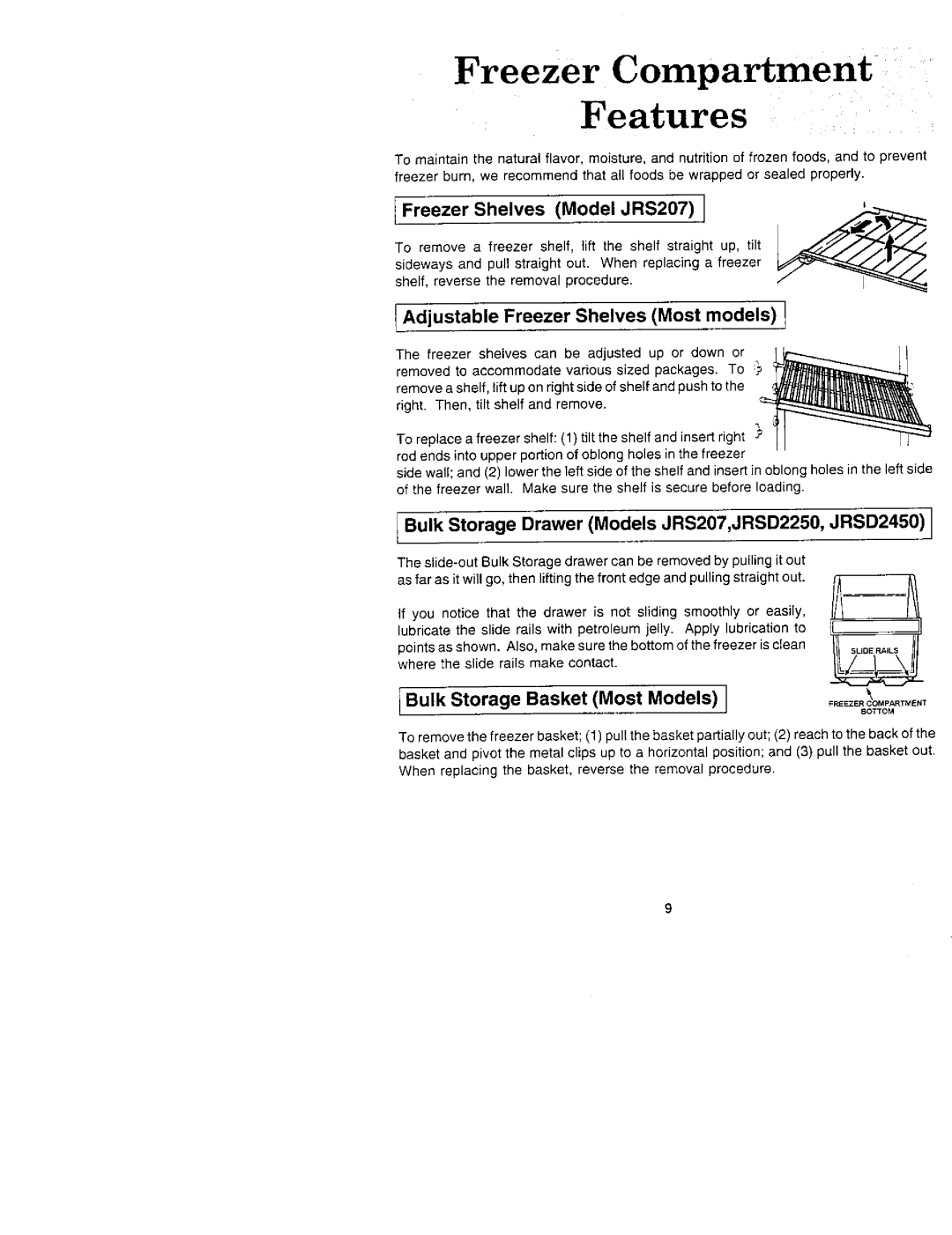 Jenn-Air JRS207, JRS229, JRSDE229, JRSD209, JRSF12250, JRSD2450, JRSDE249, JRSD279 manual Freezer Compartment Features 