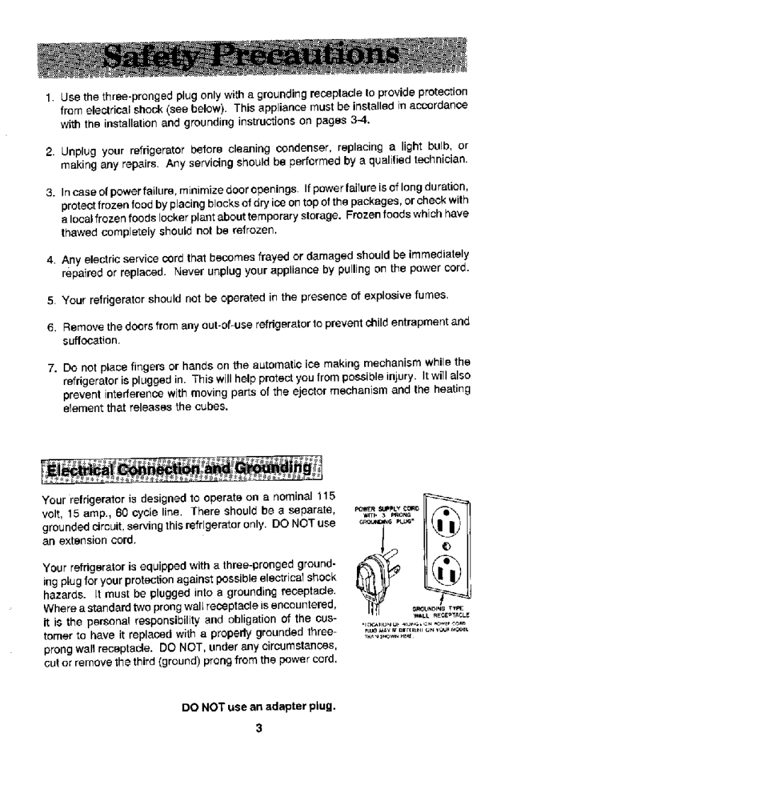 Jenn-Air JRSD2490 manual Do not use an adapter plug 