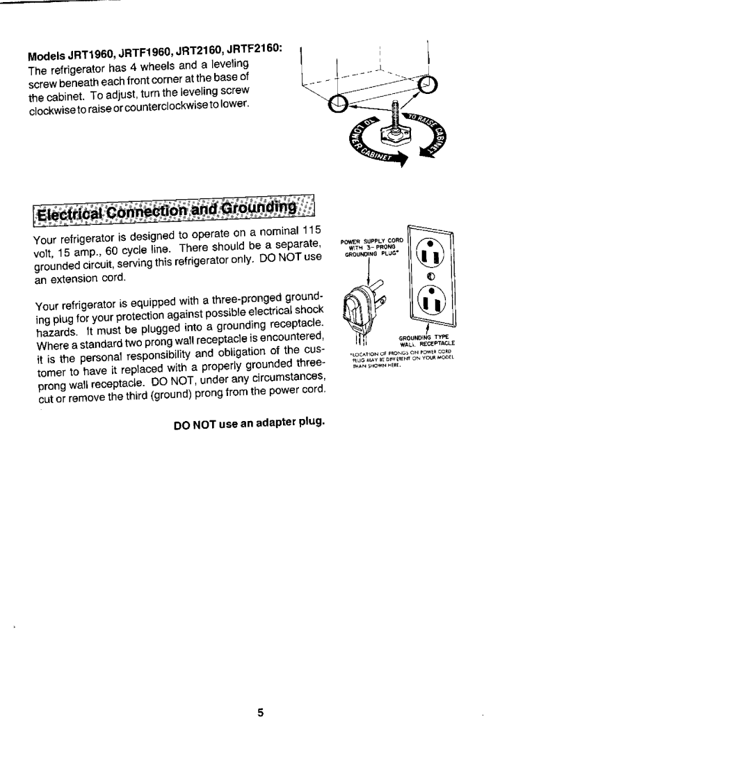 Jenn-Air JRTD229, JRT219, JRT199 manual Models JRT1960, JRTF1960, JRT2160, JRTF2160, Do not use an adapter plug 