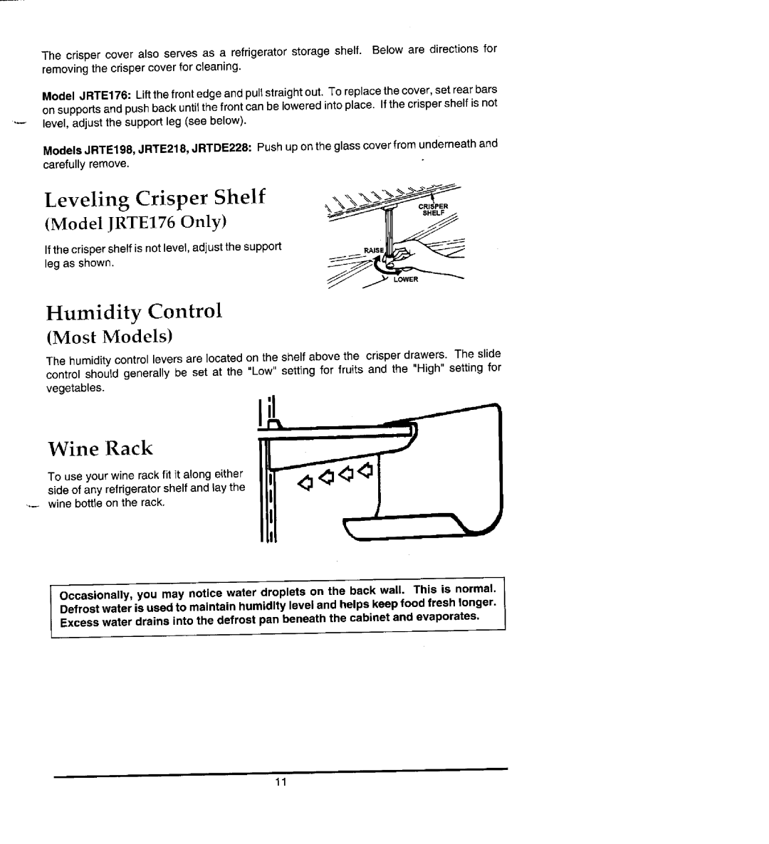 Jenn-Air JRTDE228 manual Leveling Crisper Shelf, Humidity Control, Wine Rack 