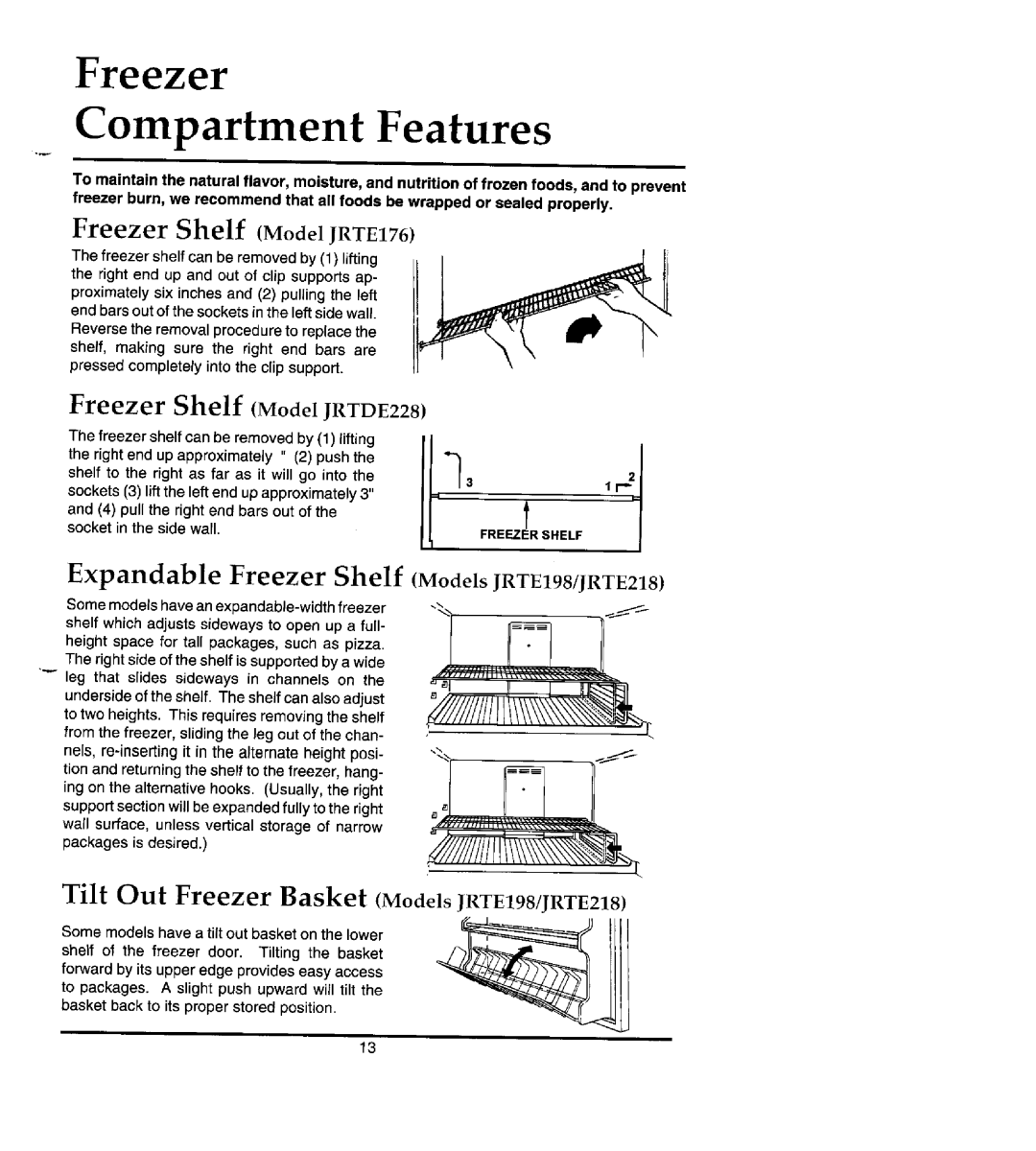 Jenn-Air manual Freezer Shelf ModelJRTE176, Freezer Shelf Model JRTDE228, Expandable Freezer Shelf 