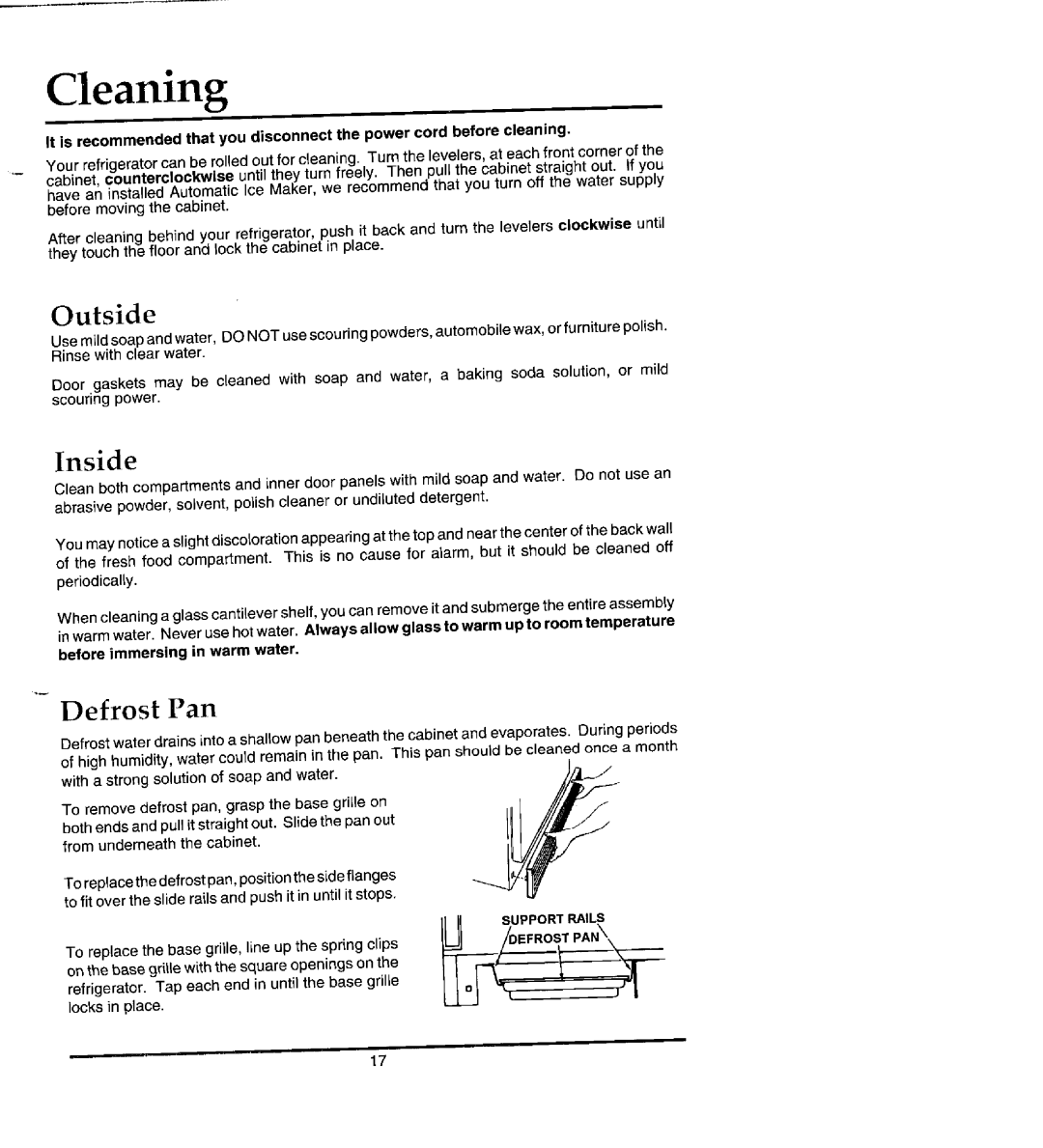 Jenn-Air JRTDE228 manual Cleaning, Outside, Inside, Defrost Pan 