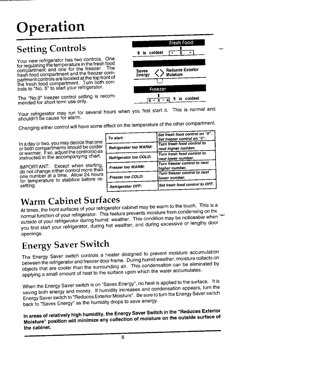 Jenn-Air JRTDE228 manual Operation, Controls, Warm Cabinet Surfaces, Energy Saver Switch 