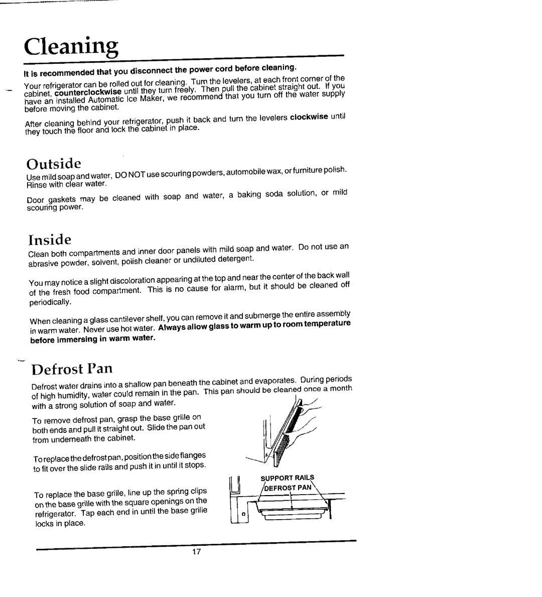 Jenn-Air JRTDE228 manual Cleaning, Outside, Inside, Defrost Pan, before immersing in warm water, Z L 