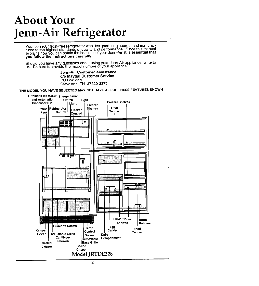 Jenn-Air manual About Your Jenn-AirRefrigerator, Model JRTDE228 