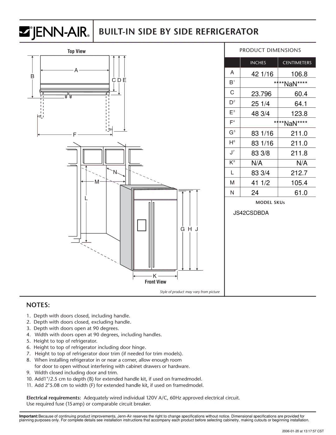 Jenn-Air JS42CSDBDA dimensions BUILT-IN Side by Side Refrigerator 