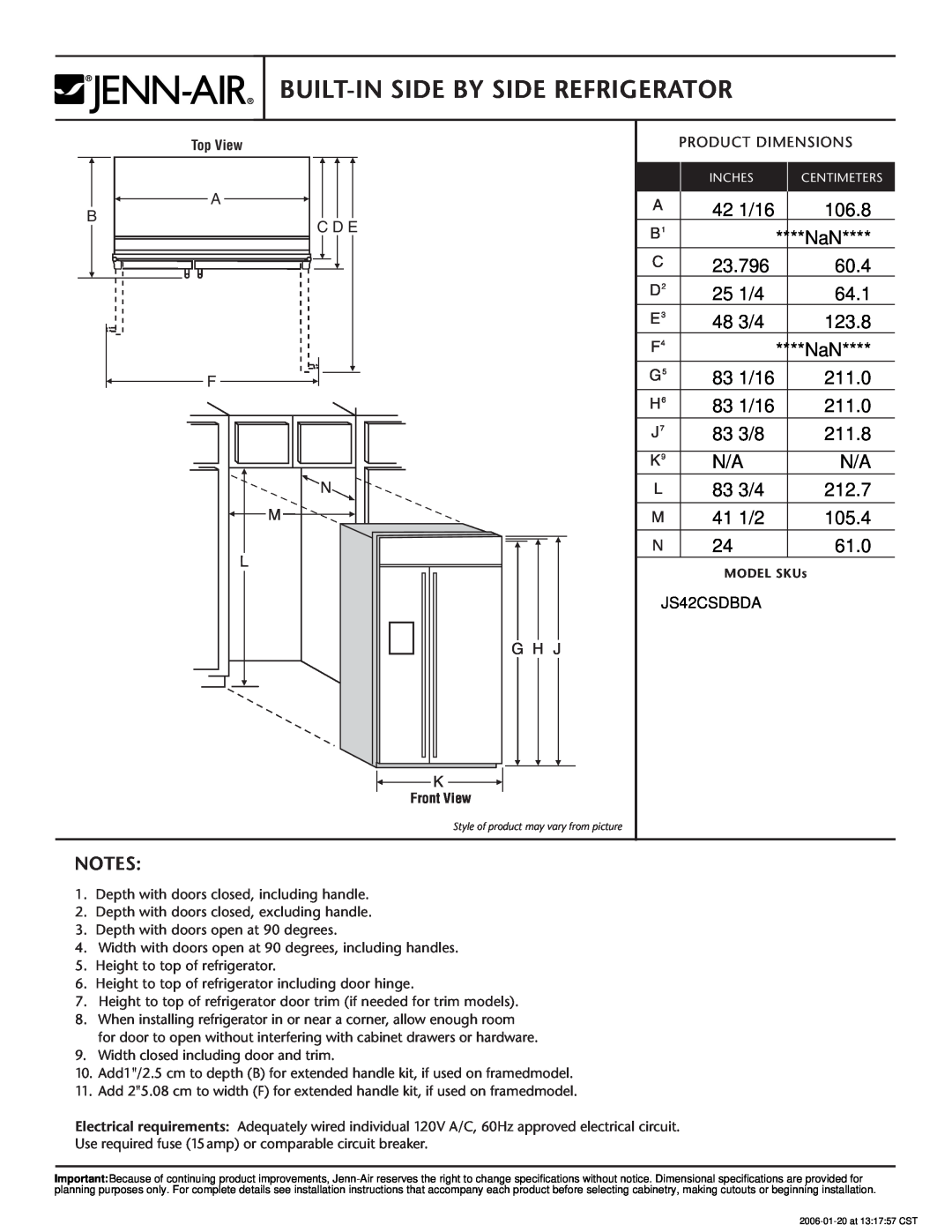 Jenn-Air JS42CSDBDA dimensions Built-In Side By Side Refrigerator, Product Dimensions 